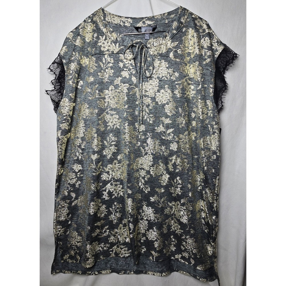LULAROE Women's Elegant‎ Grace Black Gold Metallic Shimmer Lace Tie Blouse 2XL